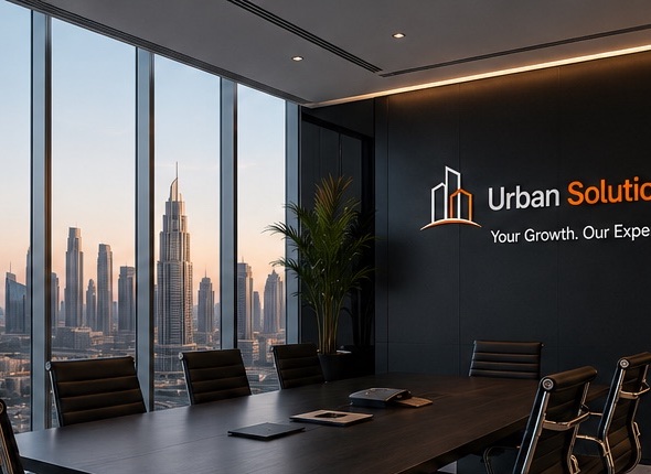 Corporate services boardroom and skyline